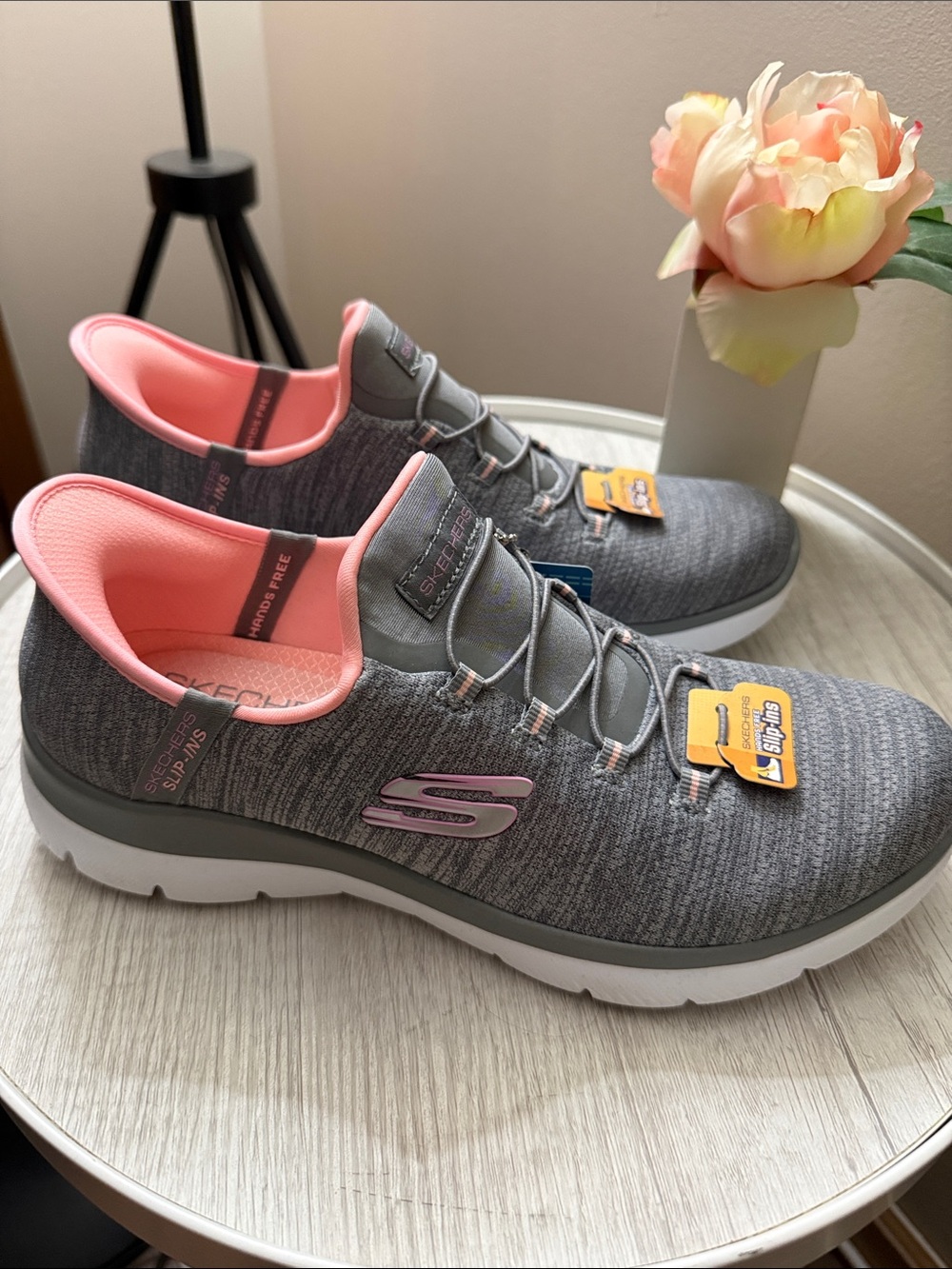 Skechers Slip-On Athletic Sneakers in Gray and Pink
